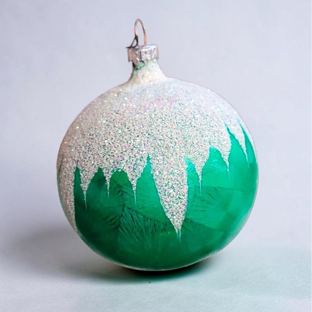 Vintage Glass Ball Ornament Mint Green Mica Glitter Snow Cap 1950s 60s 3.5in